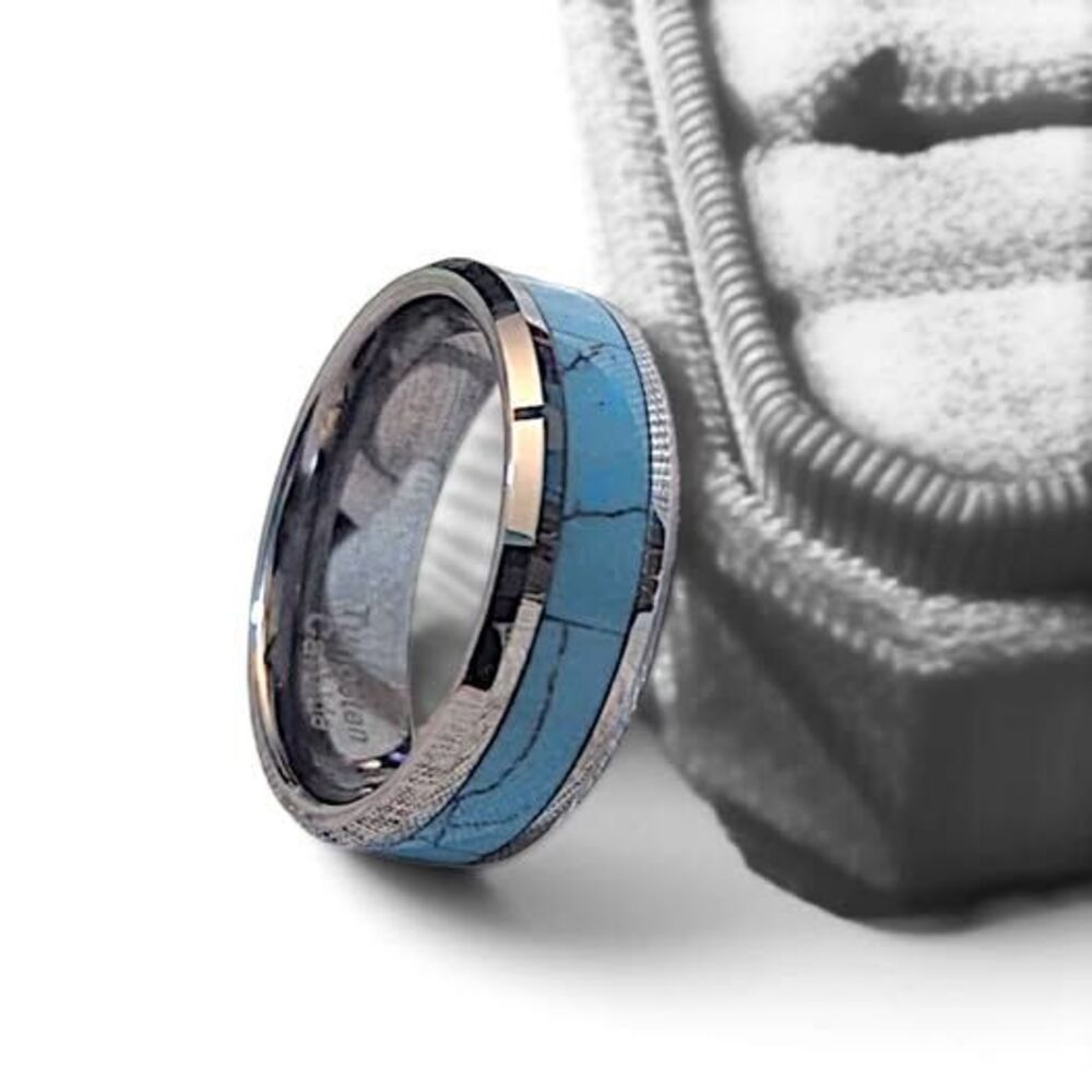Natural Tungsten Carbide & Turquoise Men's Heavyweight Wedding Ring 11.5 (16g) - Picture 2 of 7
